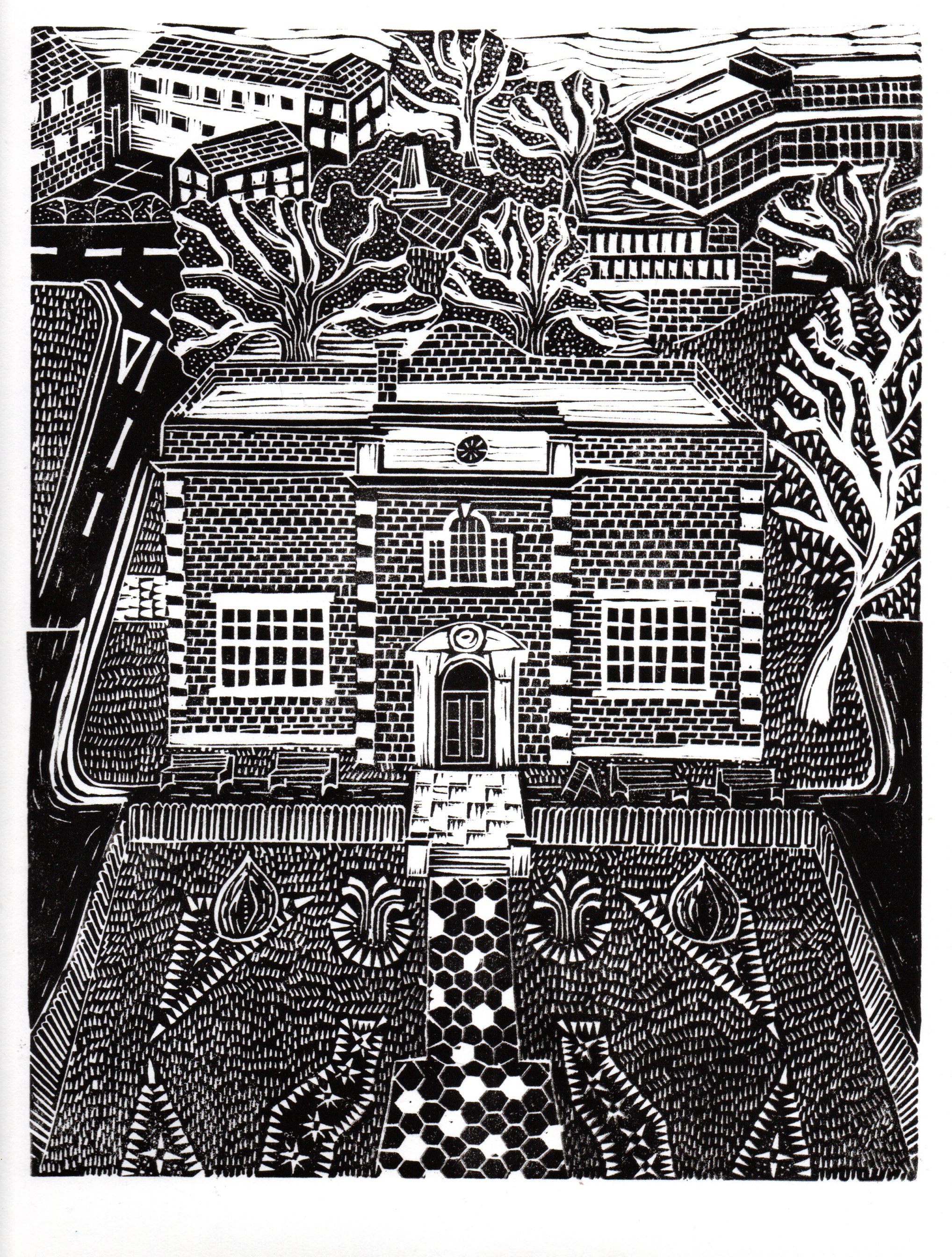 This is a linocut print I made called a 'View Over Nuneaton Museum & Art Gallery'