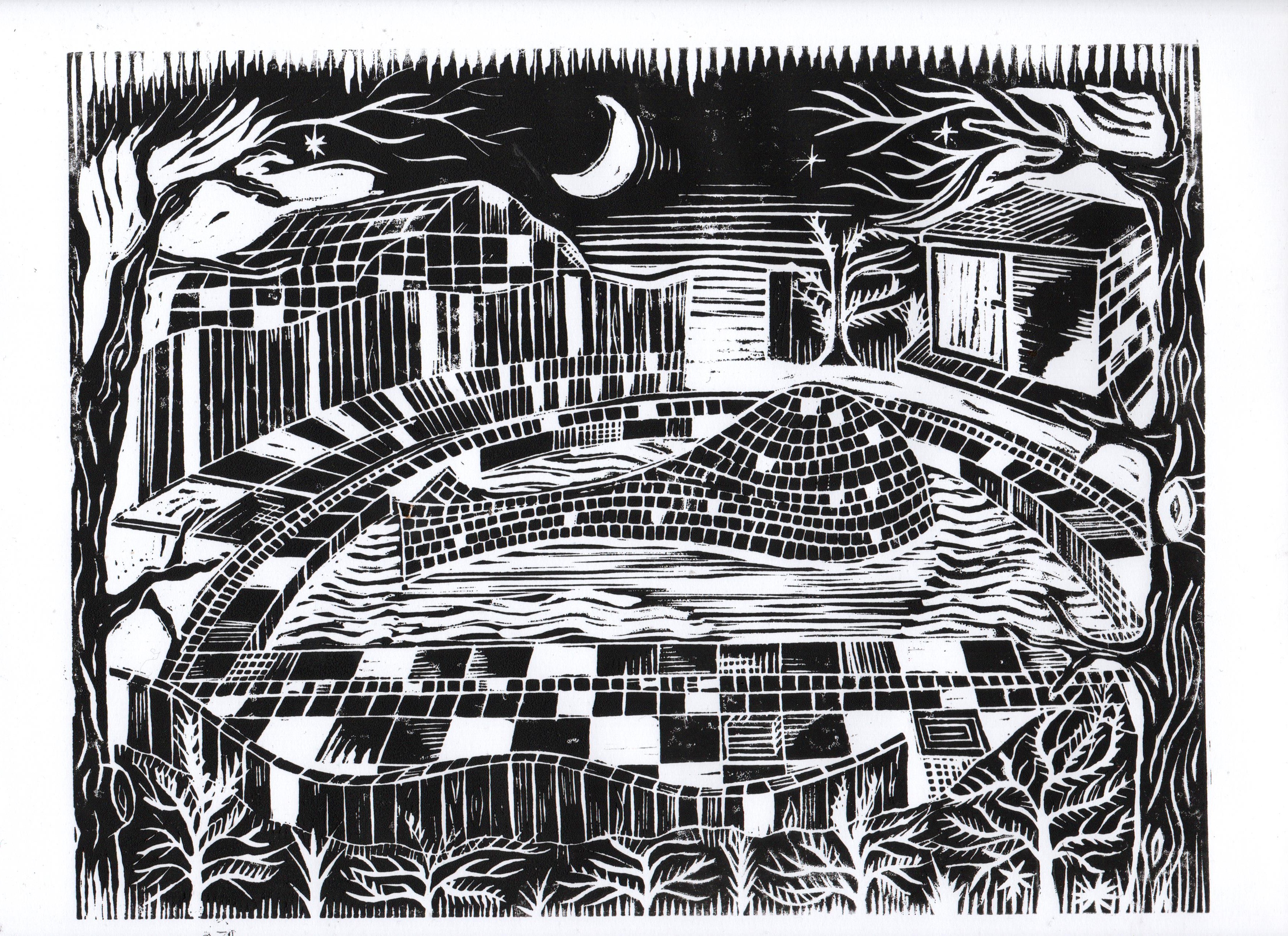 A reproduction of a linocut called 'The Whale, Riversley Park, Nuneaton' by John Freeman 2023